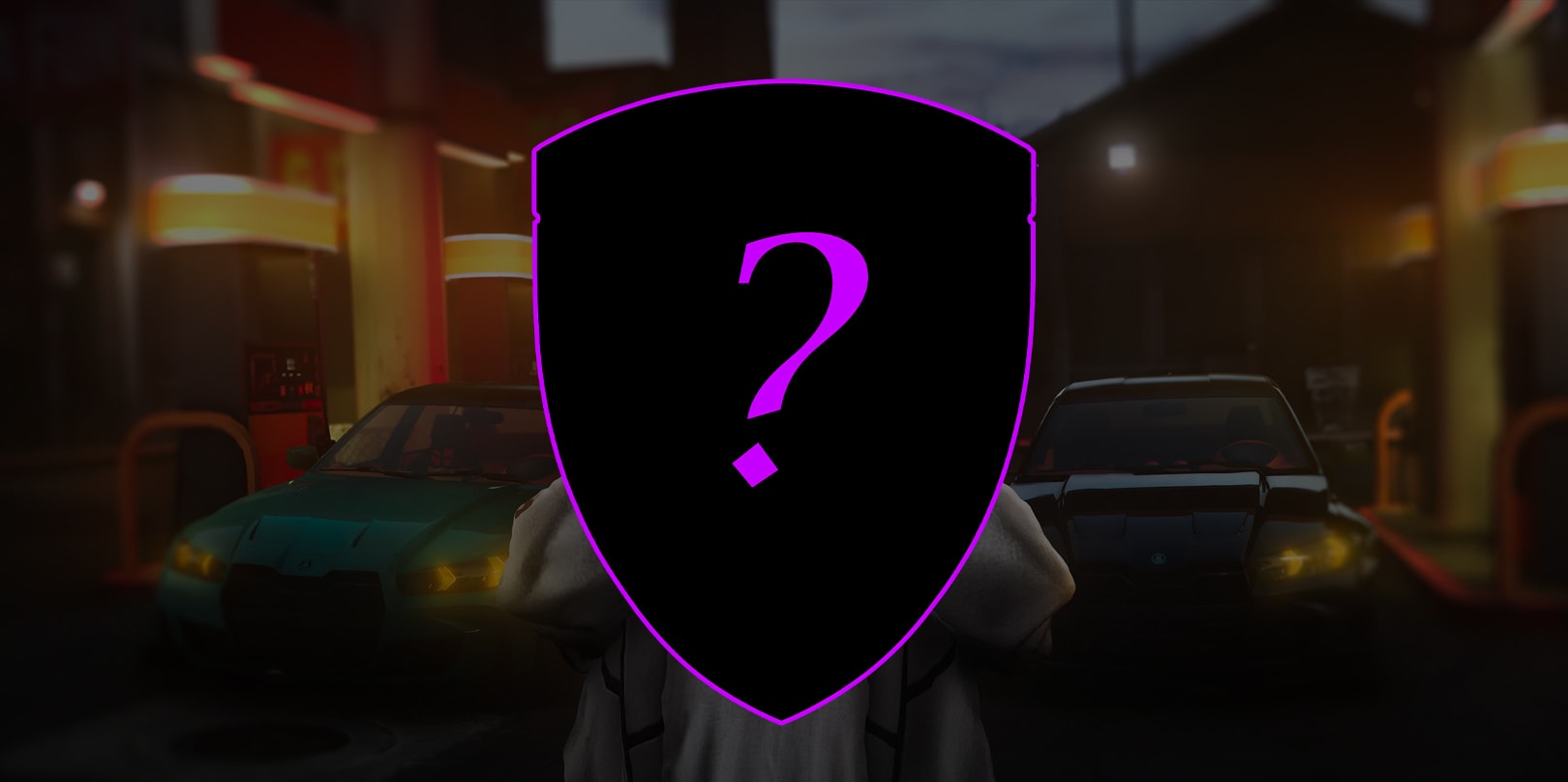 Businesses badge over two cars parked at a gas station at night