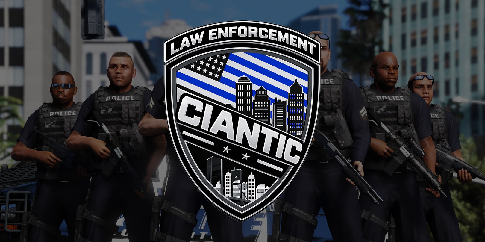 Ciantic law enforcement badge in front of armed police officers