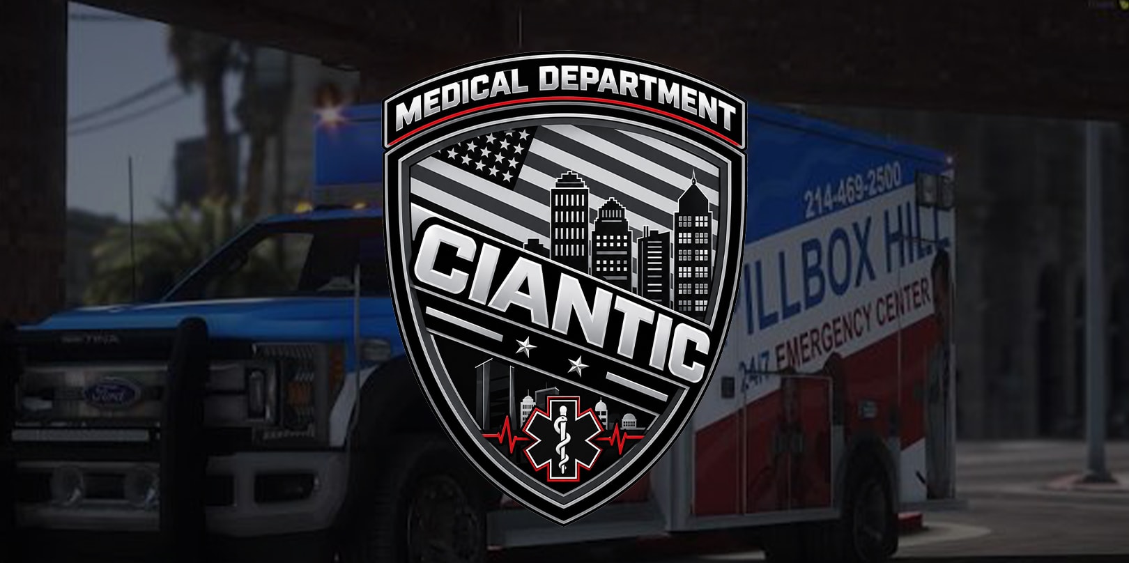 Ciantic medical department badge in front of a Pillbox Hill ambulance