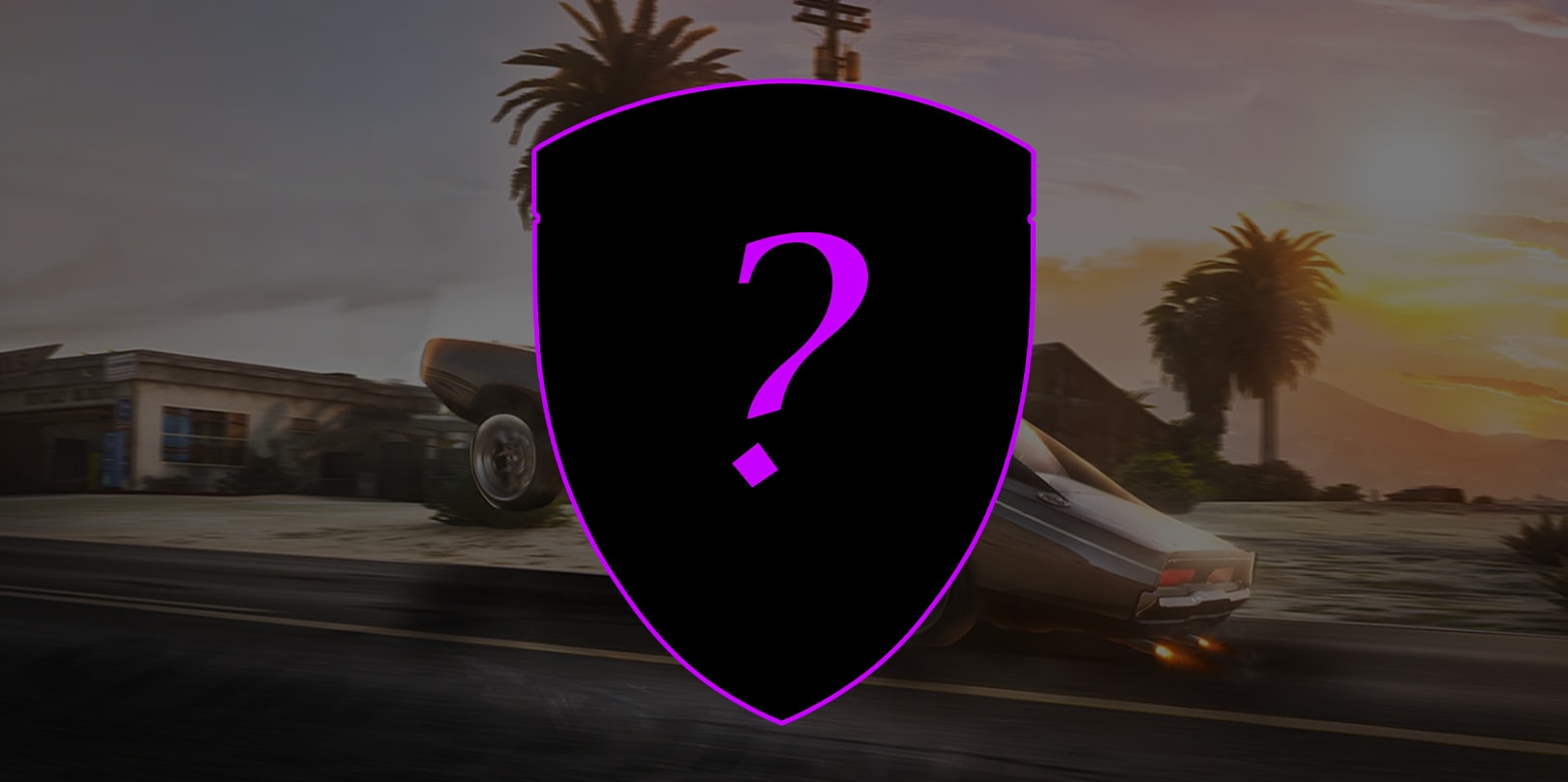 Mechanics badge over a lowrider cruising past a roadside workshop at sunset